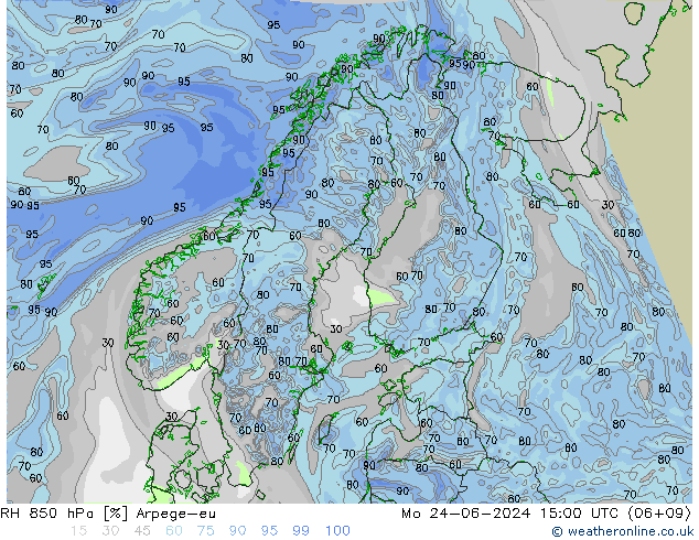 Humedad rel. 850hPa Arpege-eu lun 24.06.2024 15 UTC