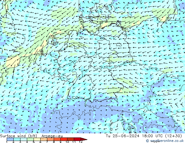 Surface wind (bft) Arpege-eu Tu 25.06.2024 18 UTC