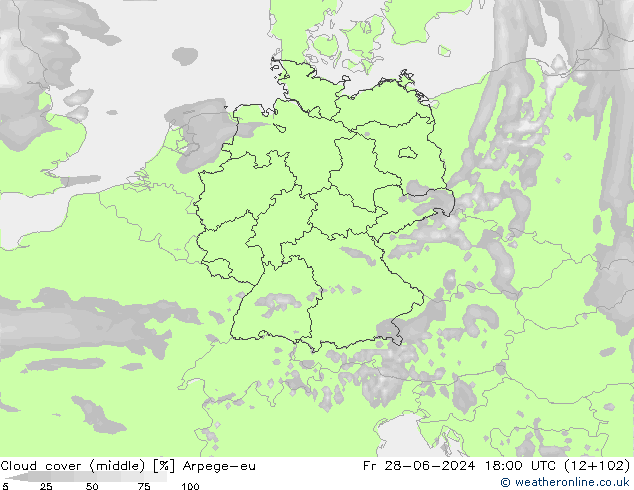 Cloud cover (middle) Arpege-eu Fr 28.06.2024 18 UTC