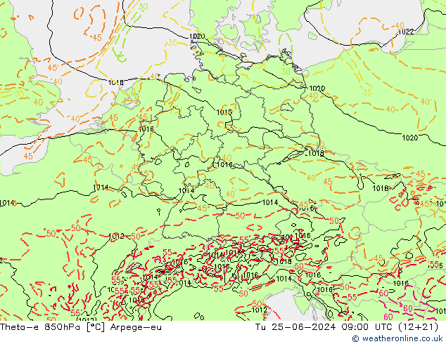 Theta-e 850hPa Arpege-eu Di 25.06.2024 09 UTC