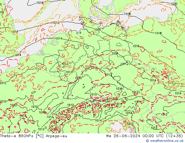 Theta-e 850hPa Arpege-eu Qua 26.06.2024 00 UTC