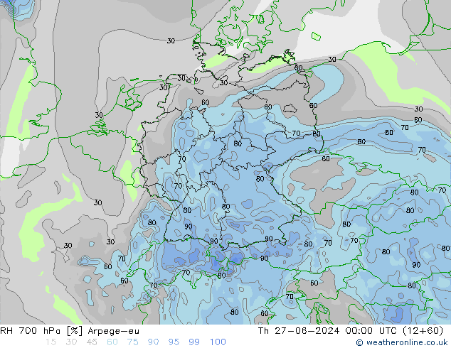 RH 700 hPa Arpege-eu Th 27.06.2024 00 UTC