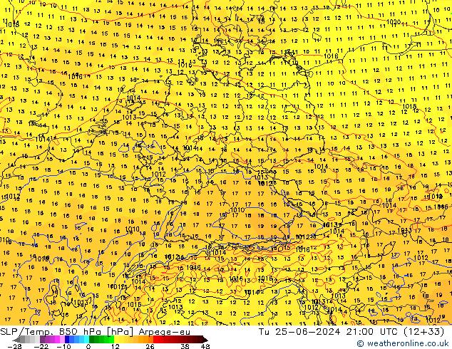 850 hPa Yer Bas./Sıc Arpege-eu Sa 25.06.2024 21 UTC