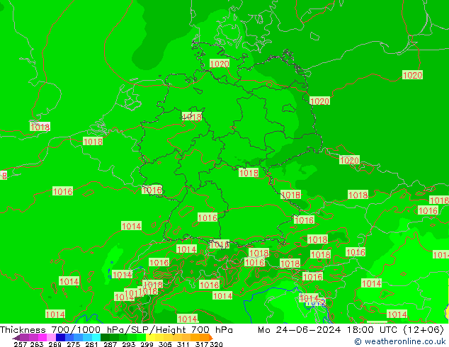 Thck 700-1000 hPa Arpege-eu pon. 24.06.2024 18 UTC