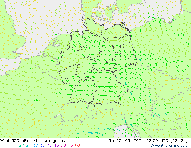 Wind 850 hPa Arpege-eu Tu 25.06.2024 12 UTC