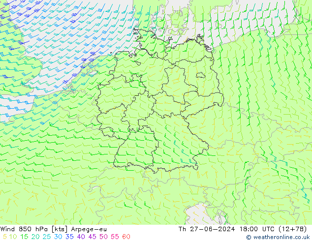 Wind 850 hPa Arpege-eu Čt 27.06.2024 18 UTC