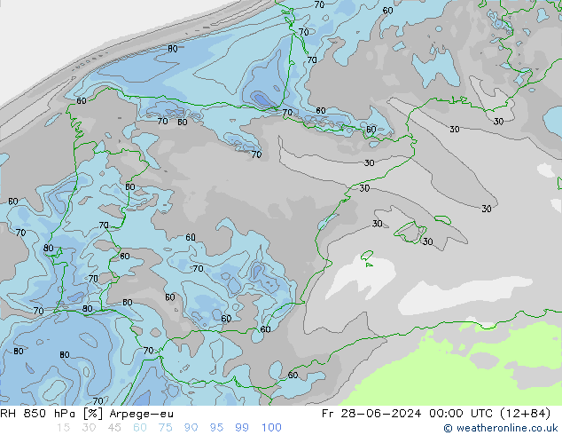 Humedad rel. 850hPa Arpege-eu vie 28.06.2024 00 UTC