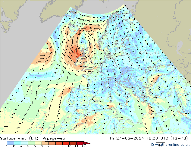 Surface wind (bft) Arpege-eu Th 27.06.2024 18 UTC