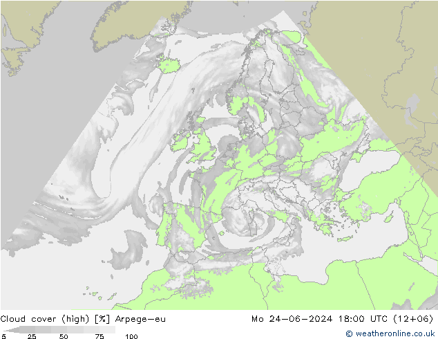 Cloud cover (high) Arpege-eu Mo 24.06.2024 18 UTC