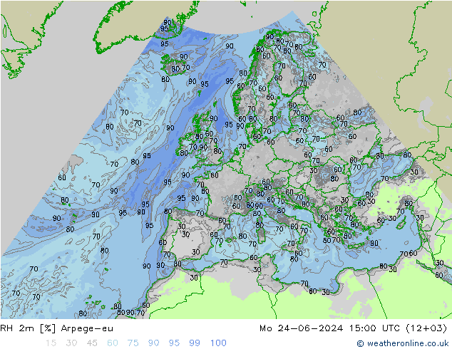 Humidité rel. 2m Arpege-eu lun 24.06.2024 15 UTC