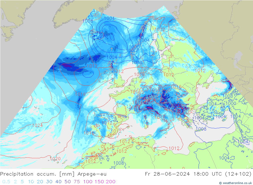 Precipitation accum. Arpege-eu Fr 28.06.2024 18 UTC