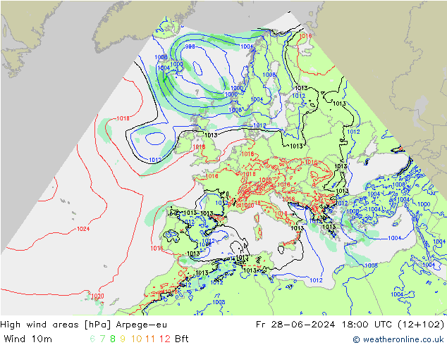 High wind areas Arpege-eu пт 28.06.2024 18 UTC