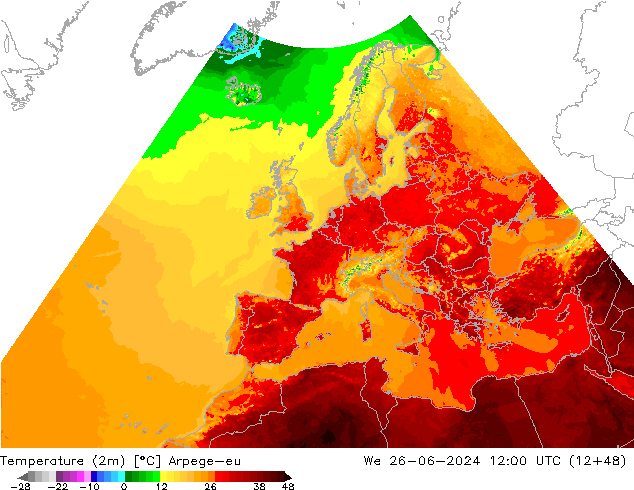 Temperatura (2m) Arpege-eu Qua 26.06.2024 12 UTC