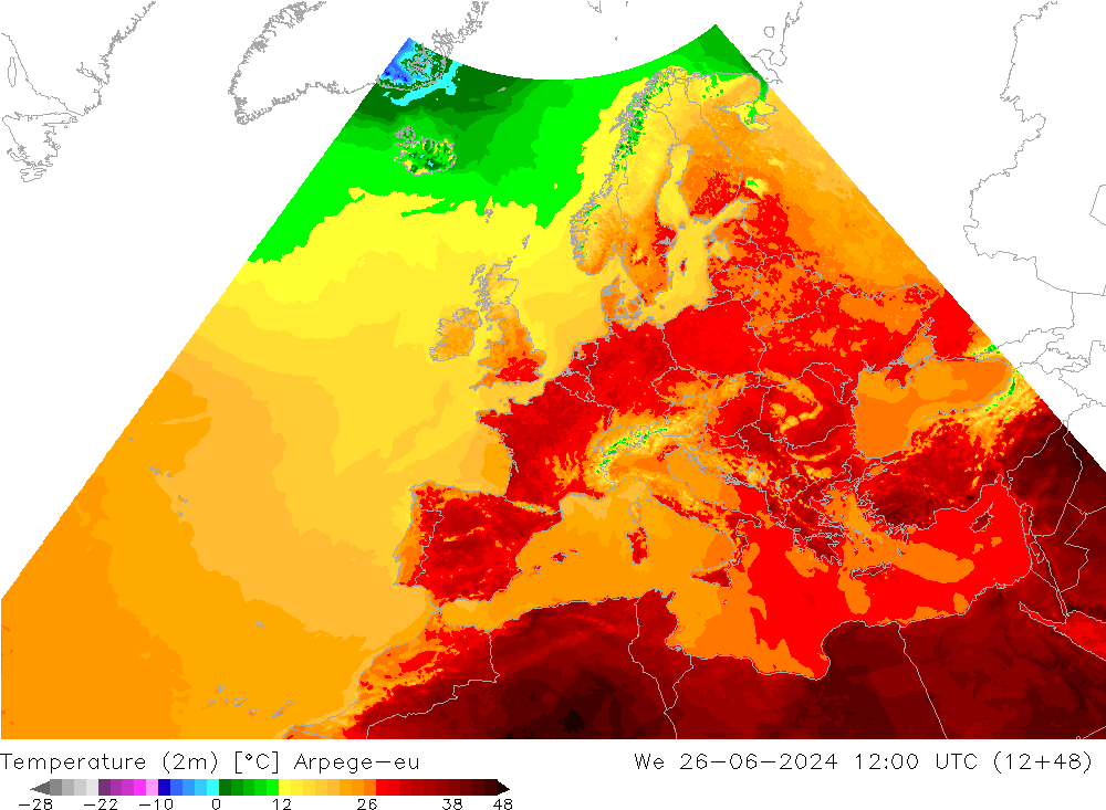 Temperaturkarte (2m) Arpege-eu Mi 26.06.2024 12 UTC