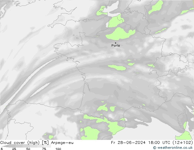 Cloud cover (high) Arpege-eu Fr 28.06.2024 18 UTC