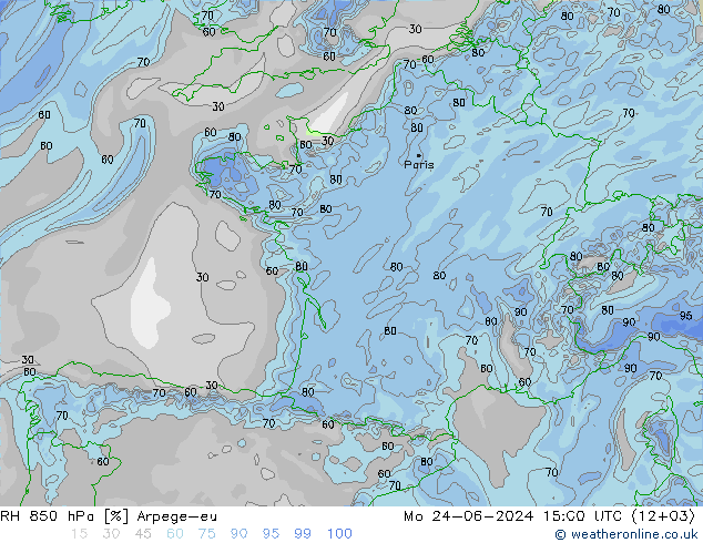 RH 850 hPa Arpege-eu Seg 24.06.2024 15 UTC