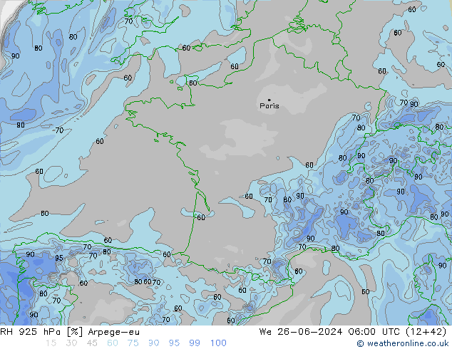 RH 925 hPa Arpege-eu Mi 26.06.2024 06 UTC