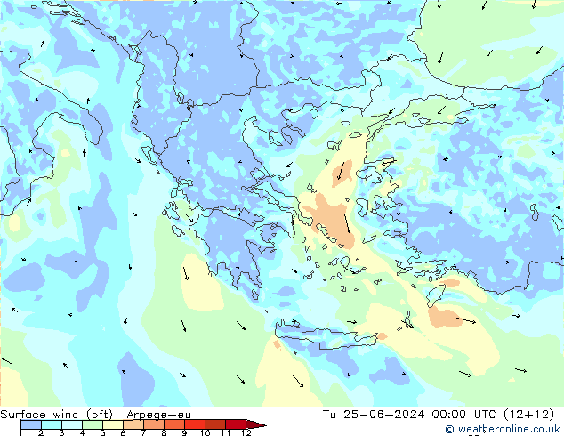 Vent 10 m (bft) Arpege-eu mar 25.06.2024 00 UTC