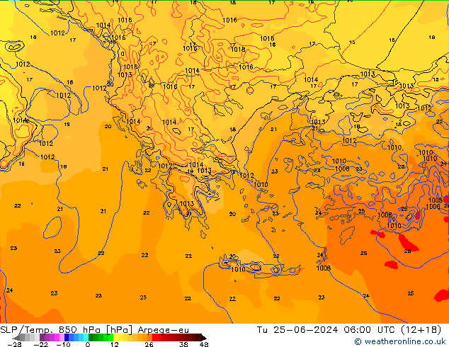 SLP/Temp. 850 гПа Arpege-eu вт 25.06.2024 06 UTC