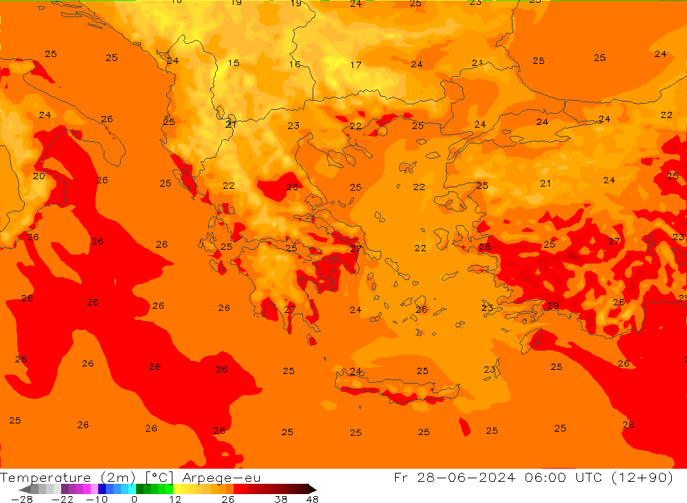 Temperatura (2m) Arpege-eu ven 28.06.2024 06 UTC