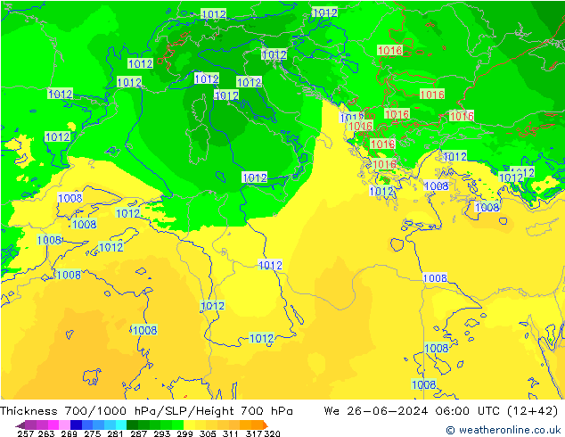 Thck 700-1000 hPa Arpege-eu  26.06.2024 06 UTC