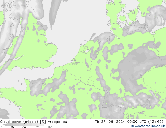 Cloud cover (middle) Arpege-eu Th 27.06.2024 00 UTC