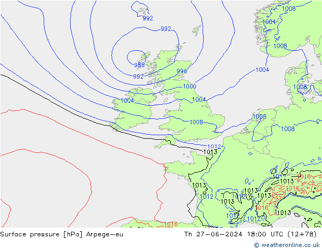 Surface pressure Arpege-eu Th 27.06.2024 18 UTC