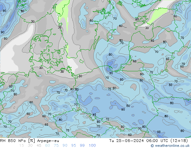 RH 850 hPa Arpege-eu mar 25.06.2024 06 UTC