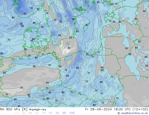 RH 850 hPa Arpege-eu Pá 28.06.2024 18 UTC