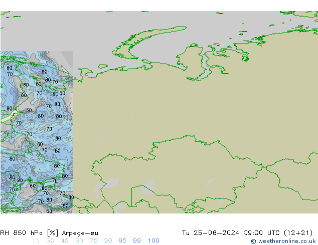 RH 850 гПа Arpege-eu вт 25.06.2024 09 UTC