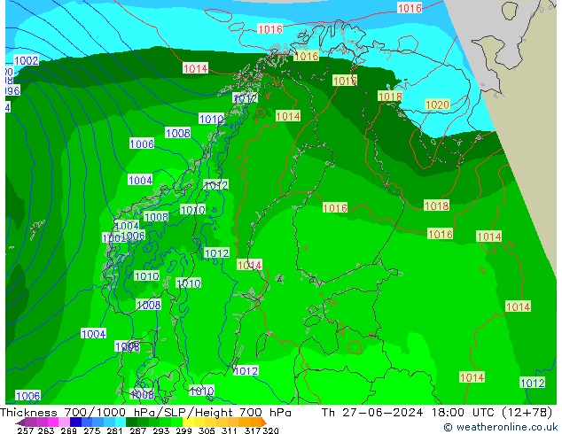 Thck 700-1000 hPa Arpege-eu Th 27.06.2024 18 UTC