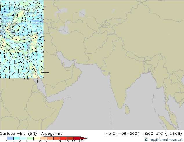 Surface wind (bft) Arpege-eu Po 24.06.2024 18 UTC