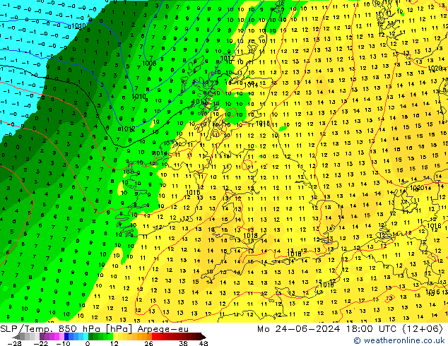 SLP/Temp. 850 hPa Arpege-eu lun 24.06.2024 18 UTC