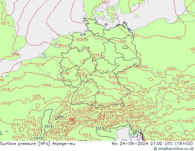 Surface pressure Arpege-eu Mo 24.06.2024 21 UTC