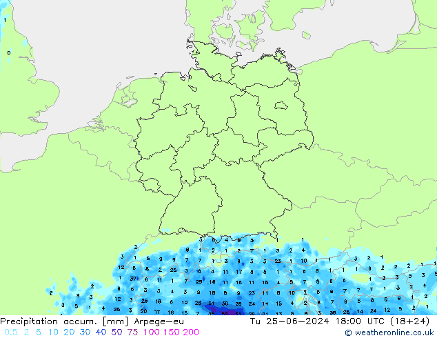 Precipitation accum. Arpege-eu Tu 25.06.2024 18 UTC