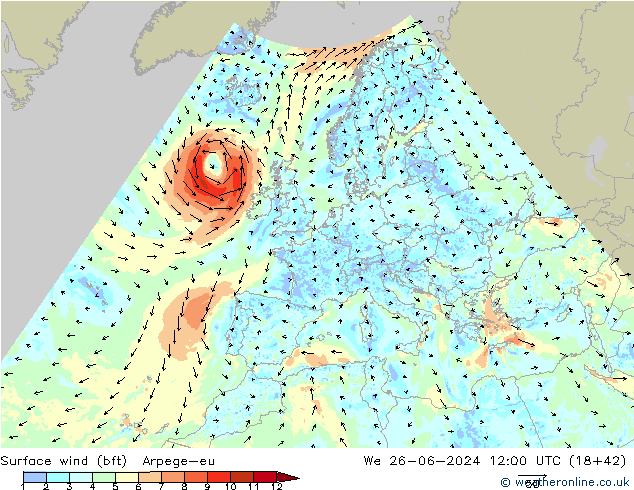 Wind 10 m (bft) Arpege-eu wo 26.06.2024 12 UTC
