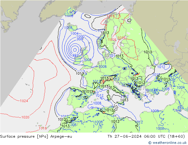 Pressione al suolo Arpege-eu gio 27.06.2024 06 UTC