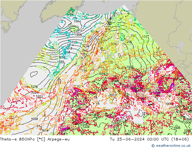 Theta-e 850гПа Arpege-eu вт 25.06.2024 00 UTC