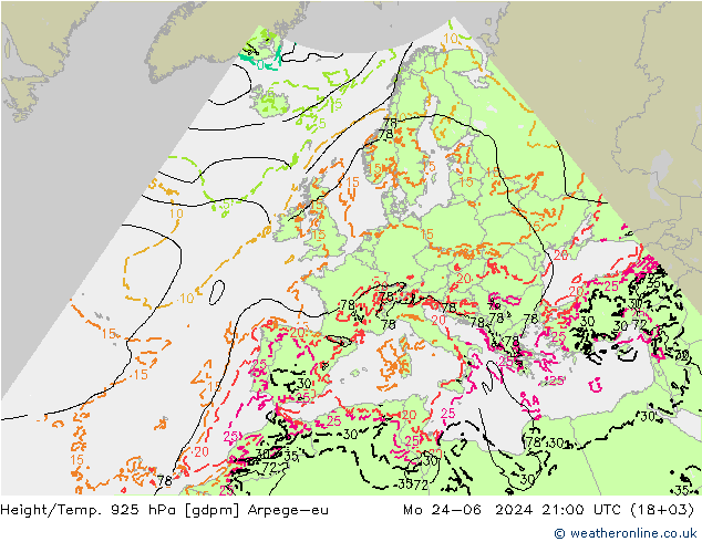 Height/Temp. 925 hPa Arpege-eu Mo 24.06.2024 21 UTC