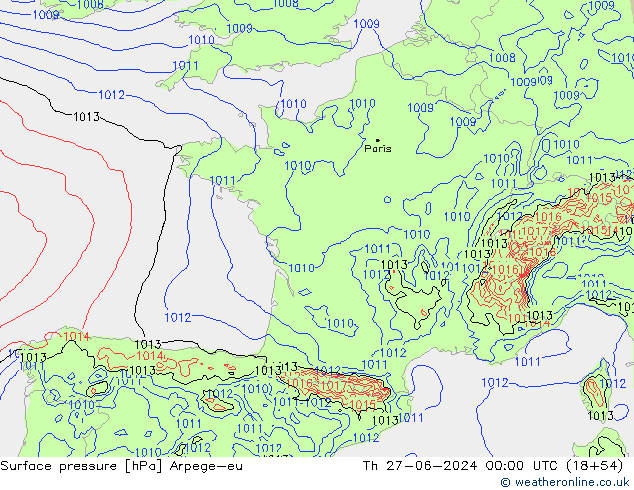 Pressione al suolo Arpege-eu gio 27.06.2024 00 UTC