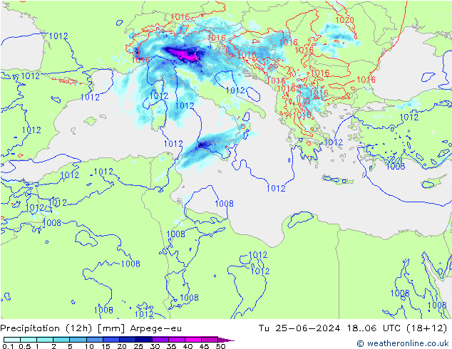 Précipitation (12h) Arpege-eu mar 25.06.2024 06 UTC