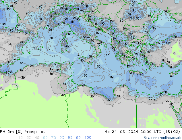 RH 2m Arpege-eu Mo 24.06.2024 20 UTC