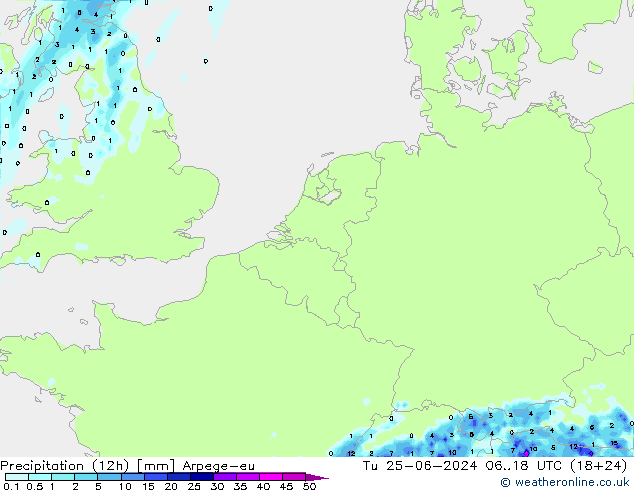 Precipitation (12h) Arpege-eu Tu 25.06.2024 18 UTC