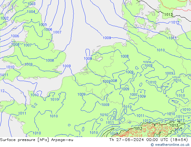 Presión superficial Arpege-eu jue 27.06.2024 00 UTC