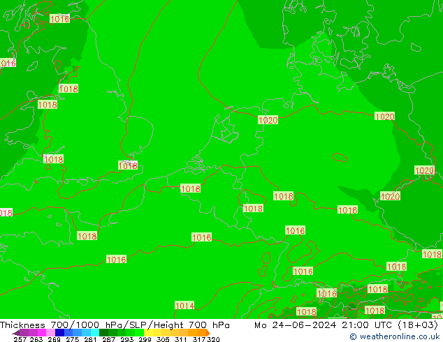 Thck 700-1000 hPa Arpege-eu lun 24.06.2024 21 UTC