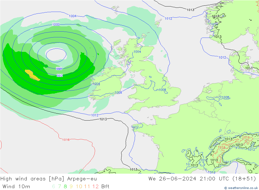 Windvelden Arpege-eu wo 26.06.2024 21 UTC