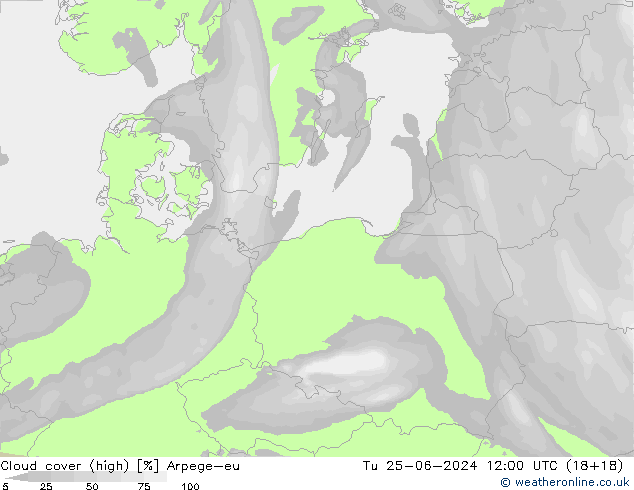 Cloud cover (high) Arpege-eu Tu 25.06.2024 12 UTC
