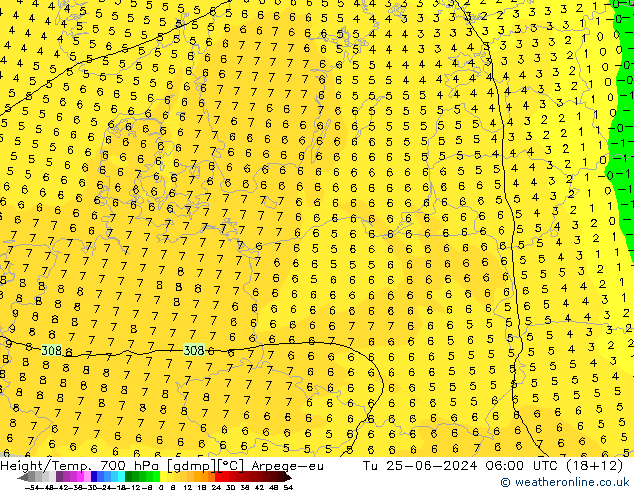 Height/Temp. 700 hPa Arpege-eu Tu 25.06.2024 06 UTC