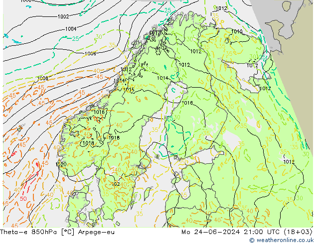 Theta-e 850hPa Arpege-eu Mo 24.06.2024 21 UTC