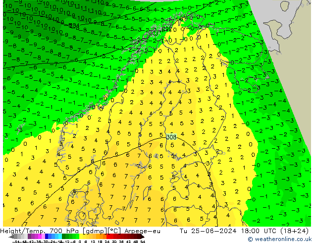 Height/Temp. 700 hPa Arpege-eu Tu 25.06.2024 18 UTC